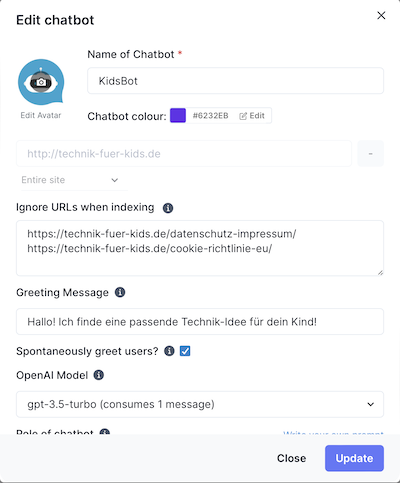 Konfiguration des Wonderchat-Chatbots