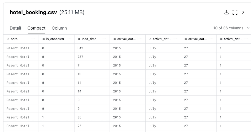 Kaggle-Datenset zu Hotelbuchungen (Datenansicht)