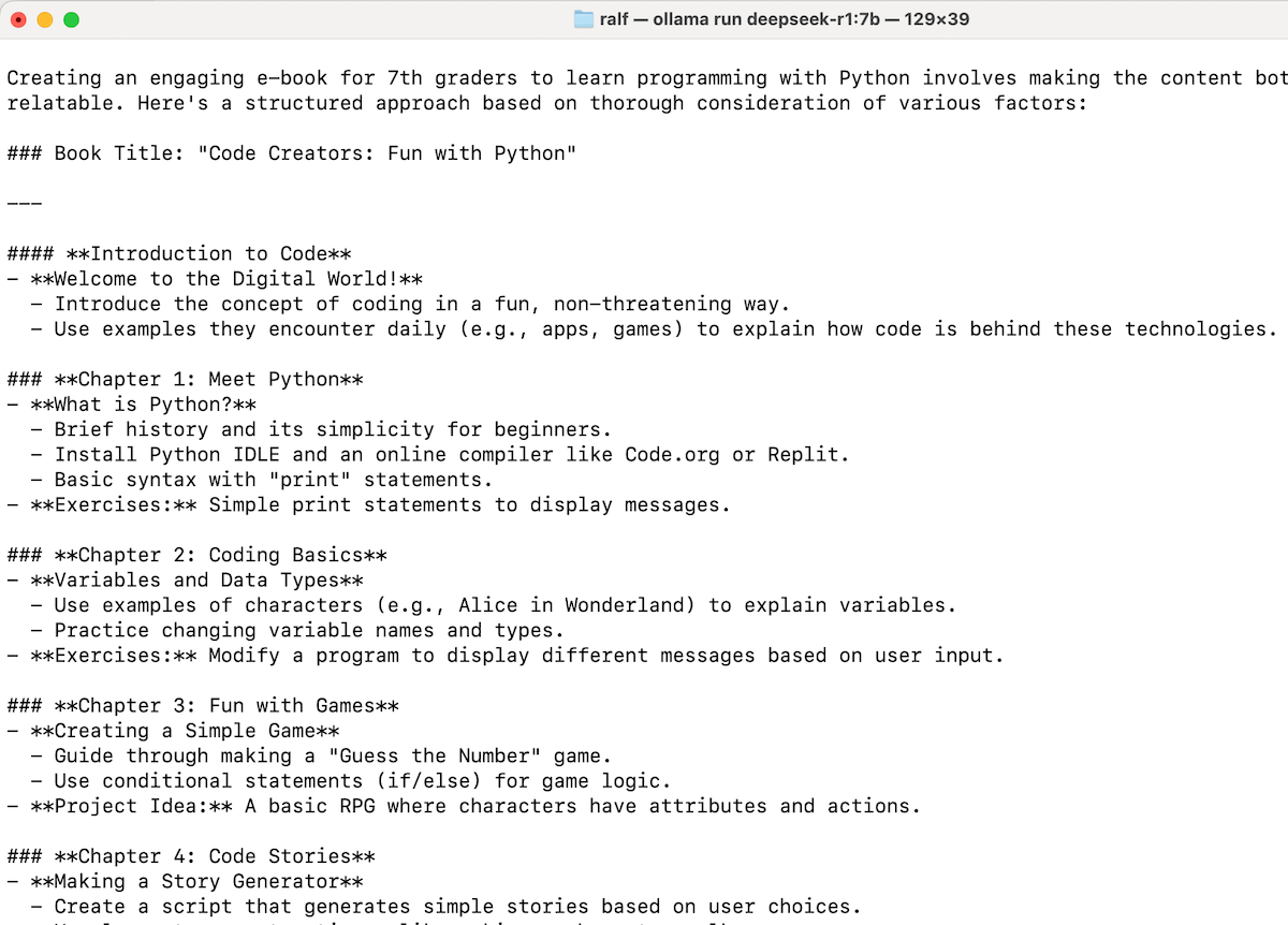 Deepseek R1 in Ollama: Ergebnis des Prompts zur Ebook-Erstellung