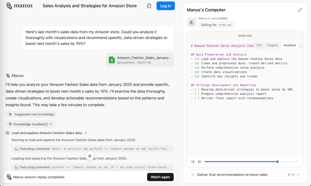 Manus führt eine Analyse von Amazon-Daten durch, die per CSV-Datei zur Verfügung stehen