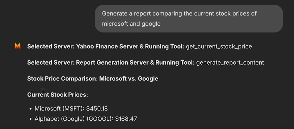 Typischer Agent-Use-Case: Finanzdaten analysieren. Per MCP-Protokol holt sich der Agent selbst die passende API-Methode der Yahoo Finance API heraus und übergibt die Firmennamen als Parameter