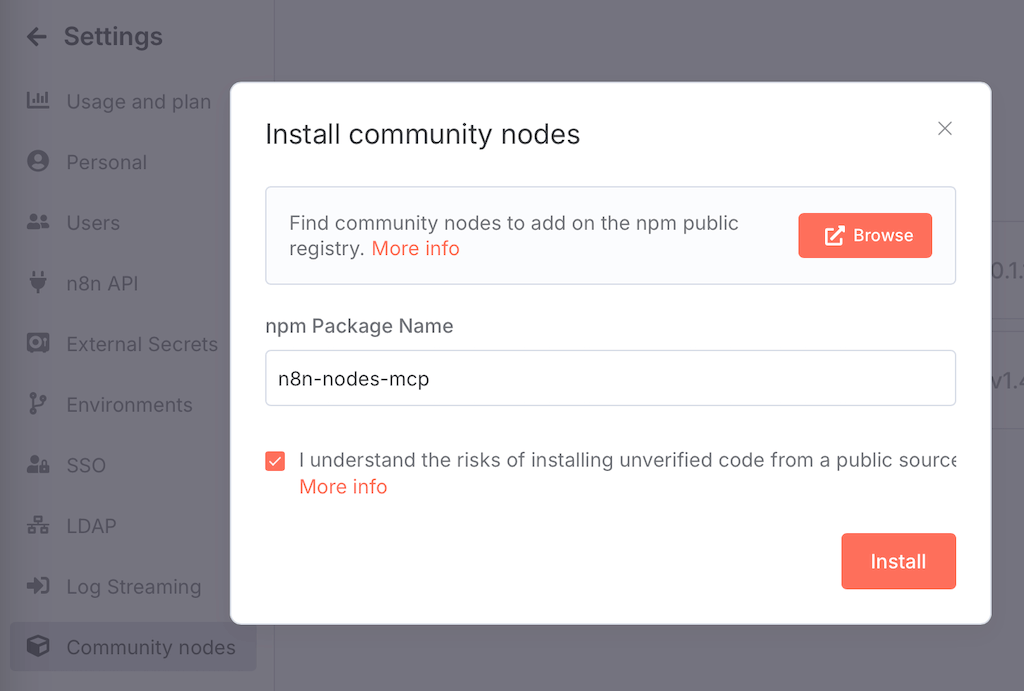 In unserer lokalen n8n-Instanz installieren wir einen Community-Node für MCP-Server-Kommunikation