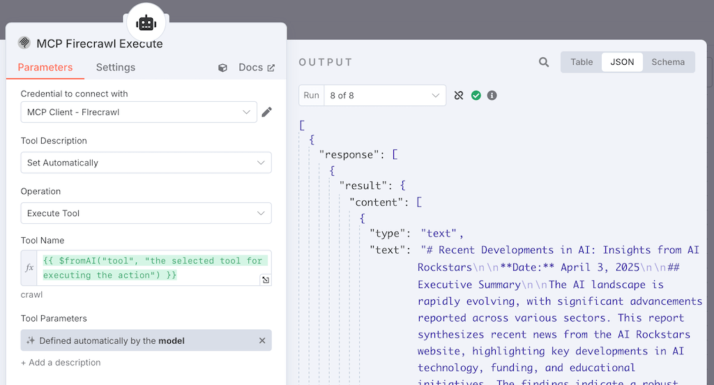 n8n-Node einrichten: Im AI Agent Node nutzt der AI Agent eigenständig den passenden Scraping-Befehl dynamisch Tool als Tool