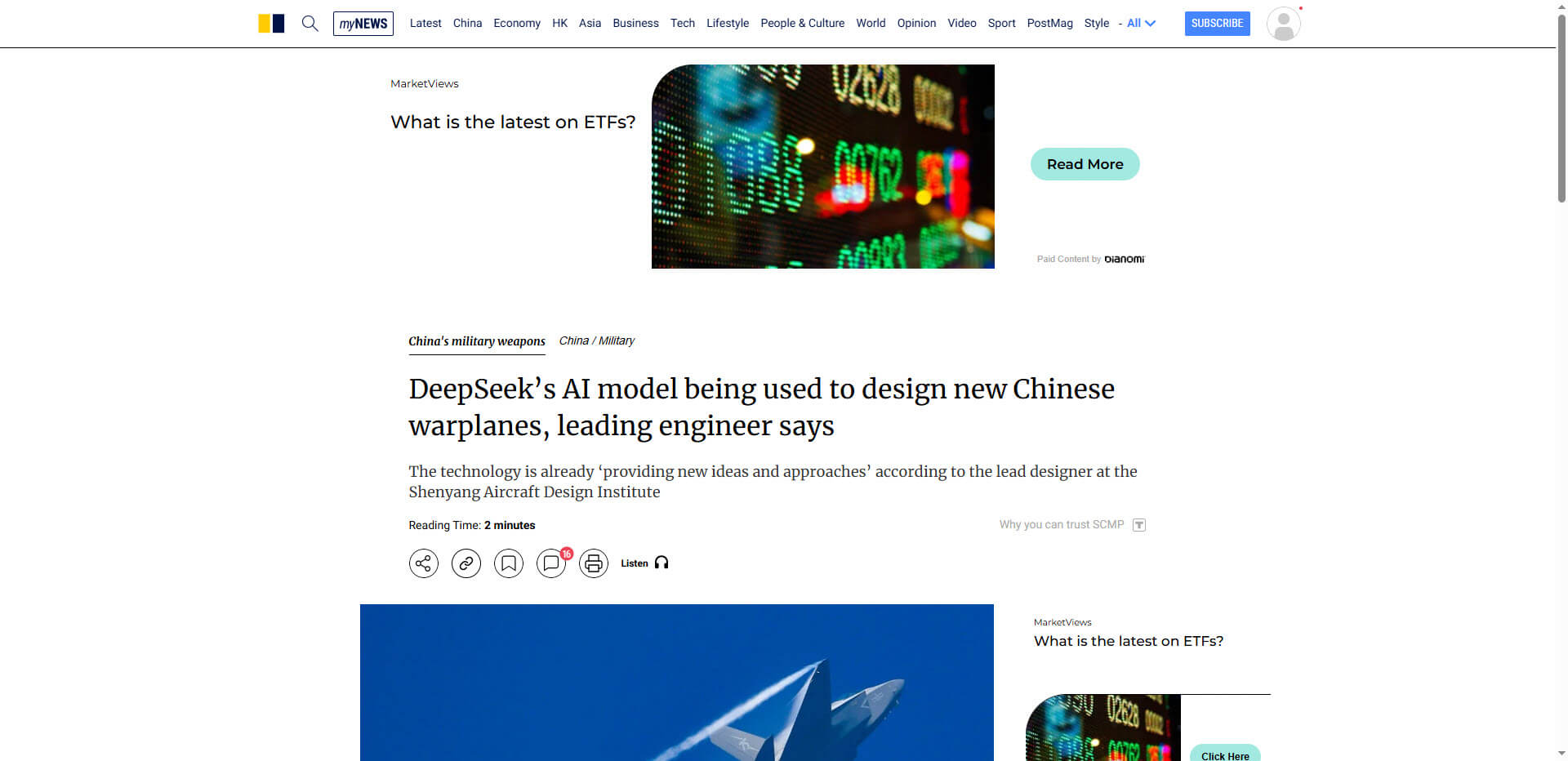 DeepSeek’s AI model being used to design new Chinese warplanes, leading engineer says