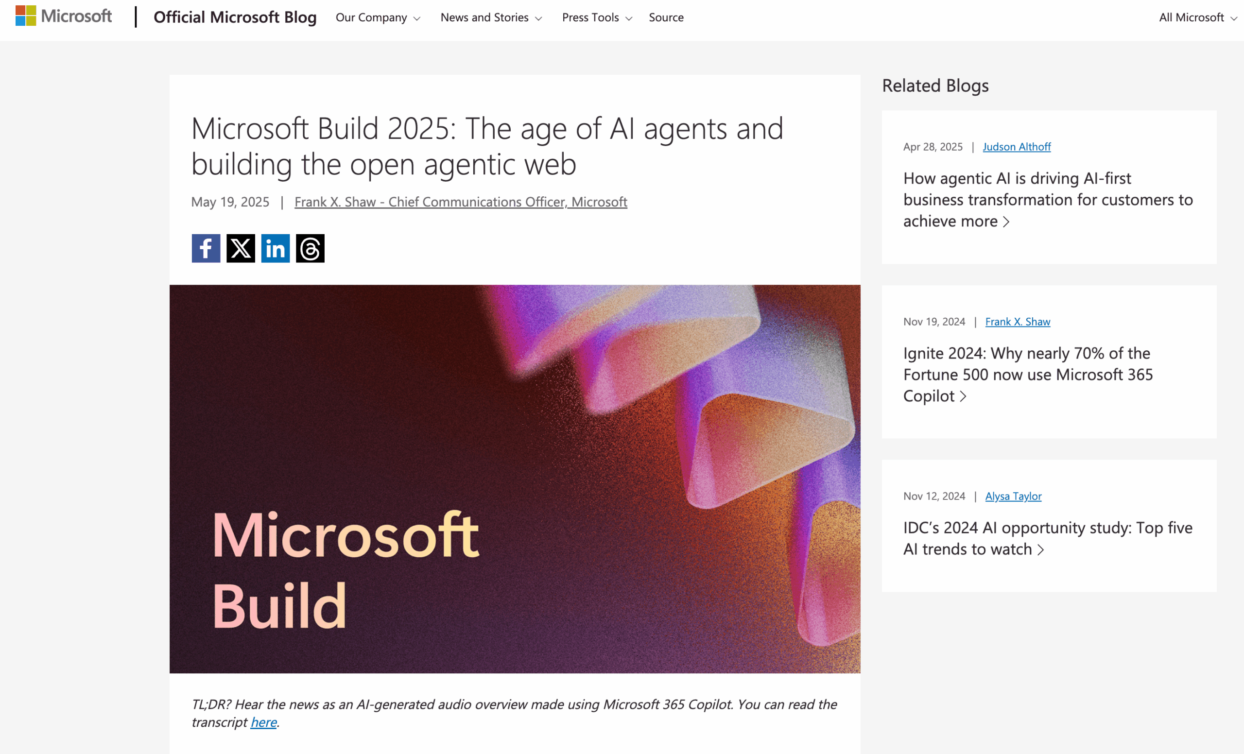 Microsoft Build 2025 - The age of AI agents and building the open agentic web