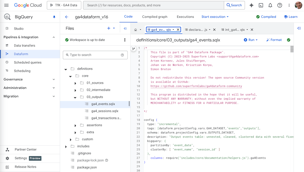 BigQuery Dataform-SQL-Code für GA4-Event-Daten