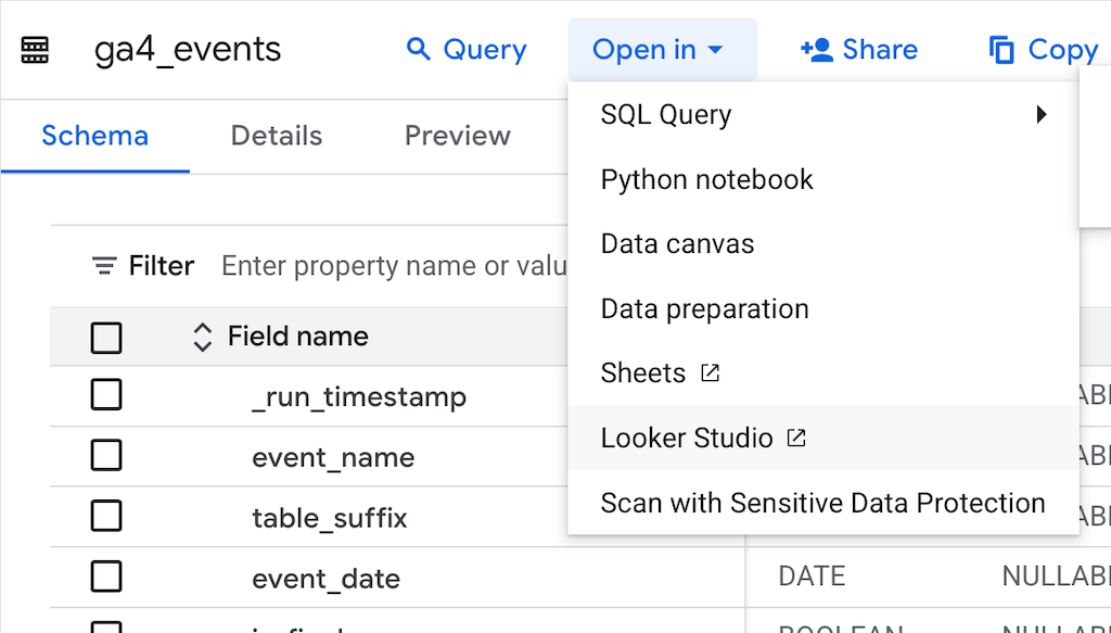 Looker-Studio-Report per Klick direkt aus BigQuery erstellen