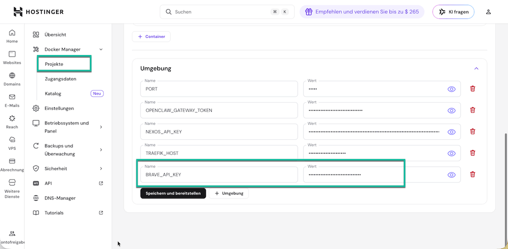 Brave-API-Key für OpenClaw eintragen im Hostinger Docker-Manager