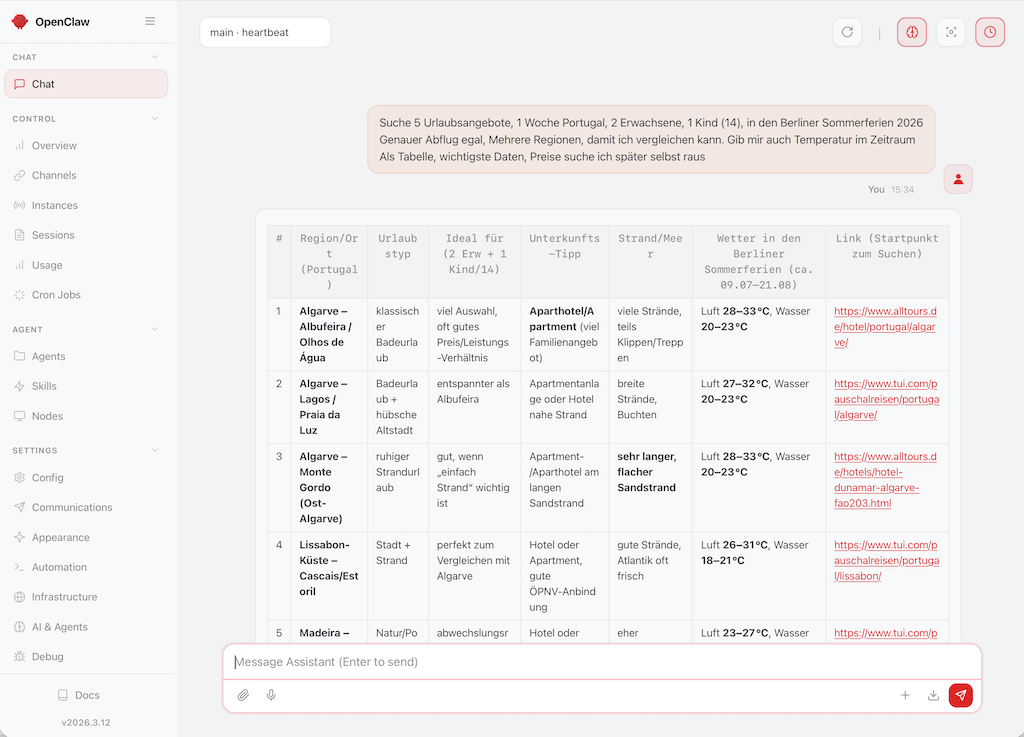OpenClaw Testergebnis: Erfolgreiche Web-Recherche einer Reise