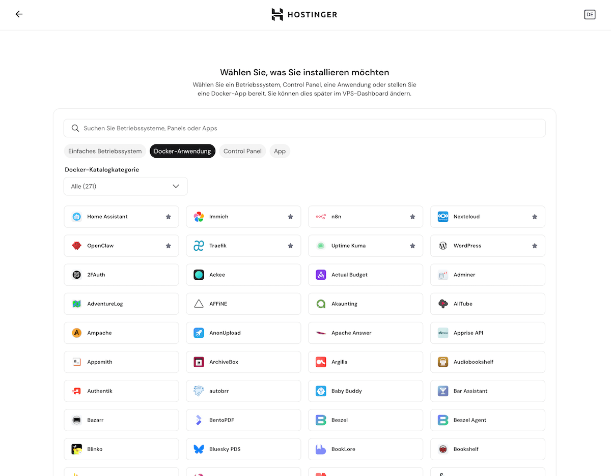 Tools per One-Click bei Hostinger installieren, z. B. n8n, OpenClaw, WordPress, Traefik