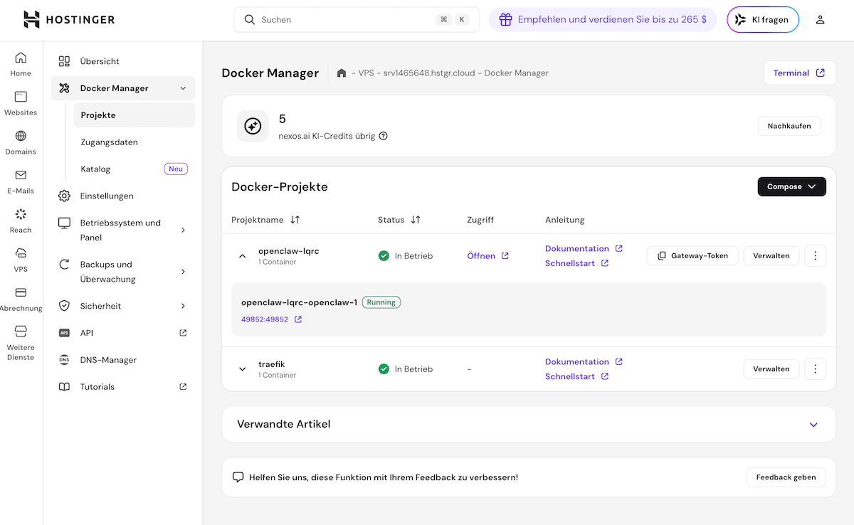 Docker-Manager bei Hostinger: OpenClaw-Docker-Container starten und konfigurieren