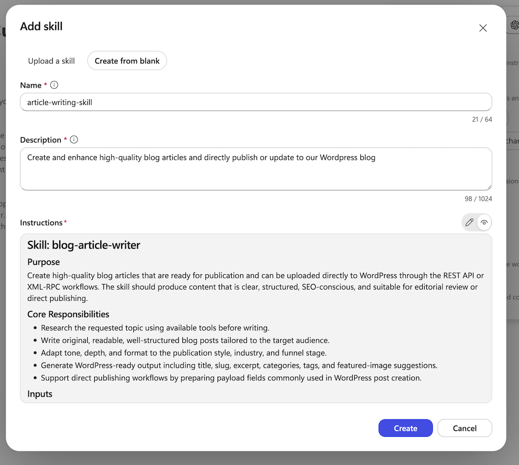 Copilot Studio Skill erstellen – Add skill Dialog mit Name, Beschreibung und Instructions