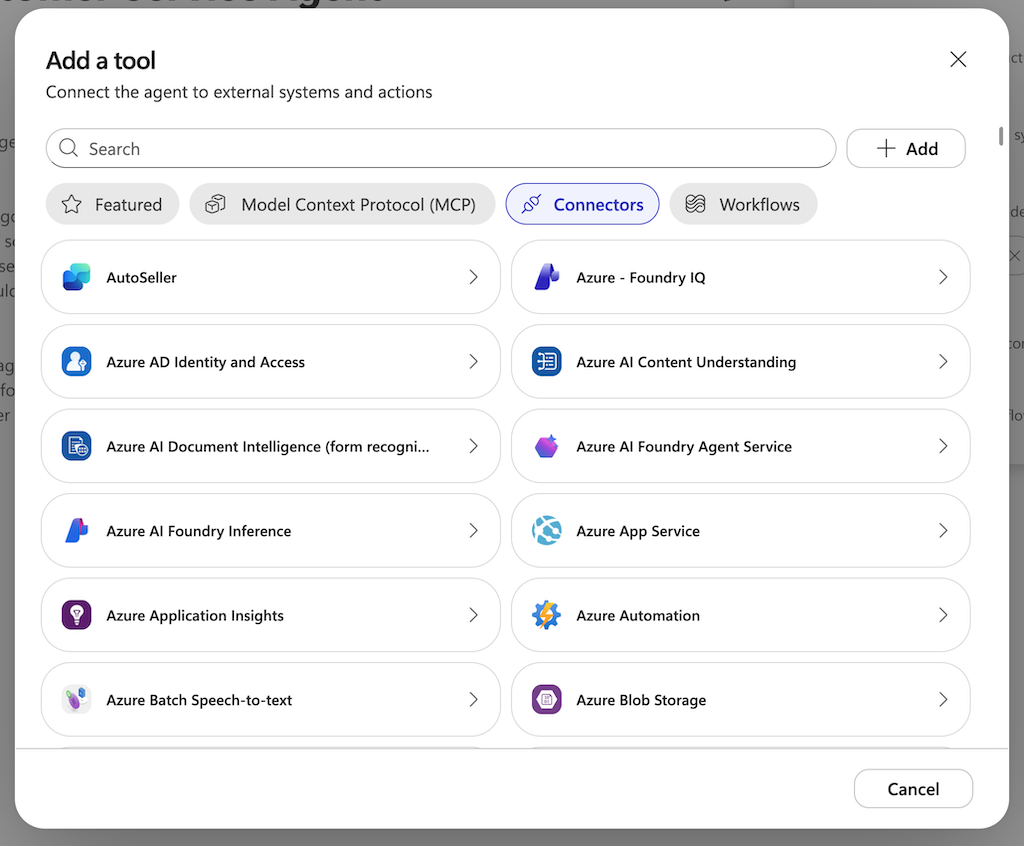 Copilot Studio Add a tool Dialog – MCP, Connectors und Workflows
