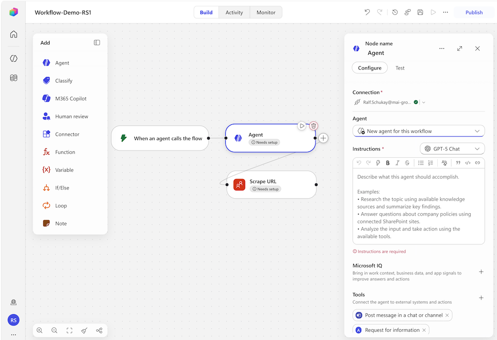 Copilot Studio Workflow-Editor mit Agent-Node, Microsoft IQ und Tools