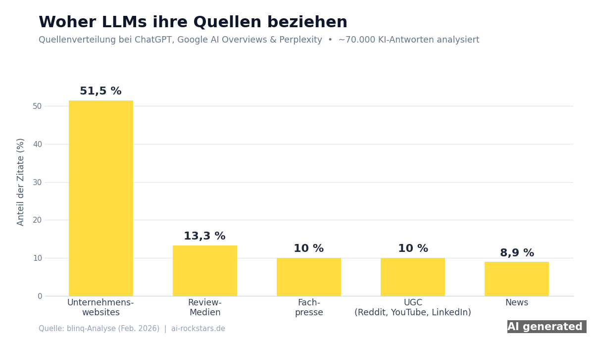 Balkendiagramm: Woher LLMs ihre Quellen beziehen - Quellenverteilung bei ChatGPT, Google AI Overviews und Perplexity laut blinq-Analyse