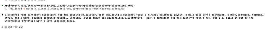 Claude Code Artifact-Link mit vier veröffentlichten Design-Richtungen für den Preisrechner