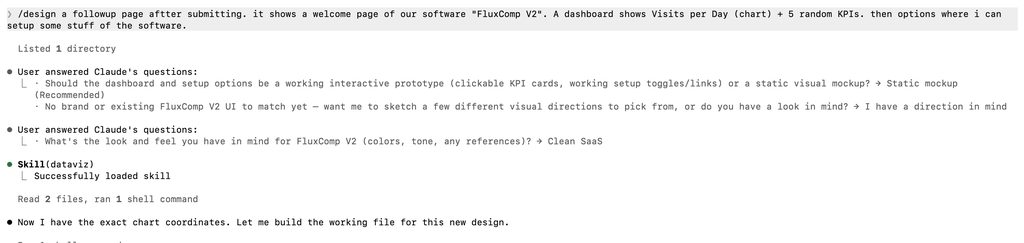 Claude Code /design-Befehl für die zweite Seite, das FluxComp V2 Dashboard