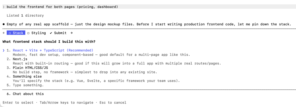 Claude Code Stack-Auswahl beim Umsetzen der Design-Entwürfe in ein Frontend