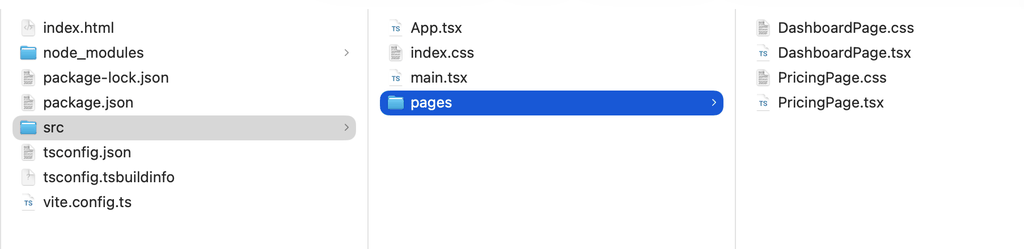 Projektstruktur des generierten React-Frontends mit PricingPage und DashboardPage