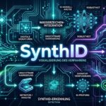 AI: image auf dem das SynthID-Verfahren visualisiert wird, abstrakt, mit großem Text "SynthID"