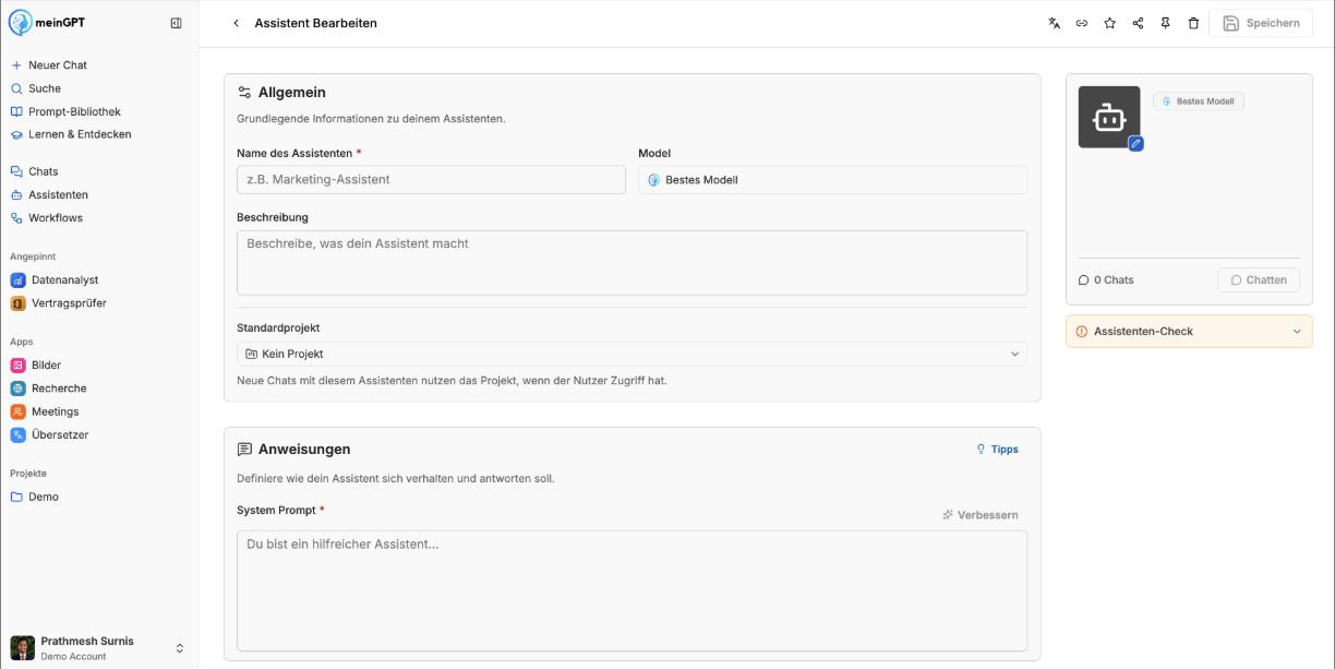 meinGPT Assistenten-Editor: eigenen KI-Assistenten mit System Prompt und Modell anlegen