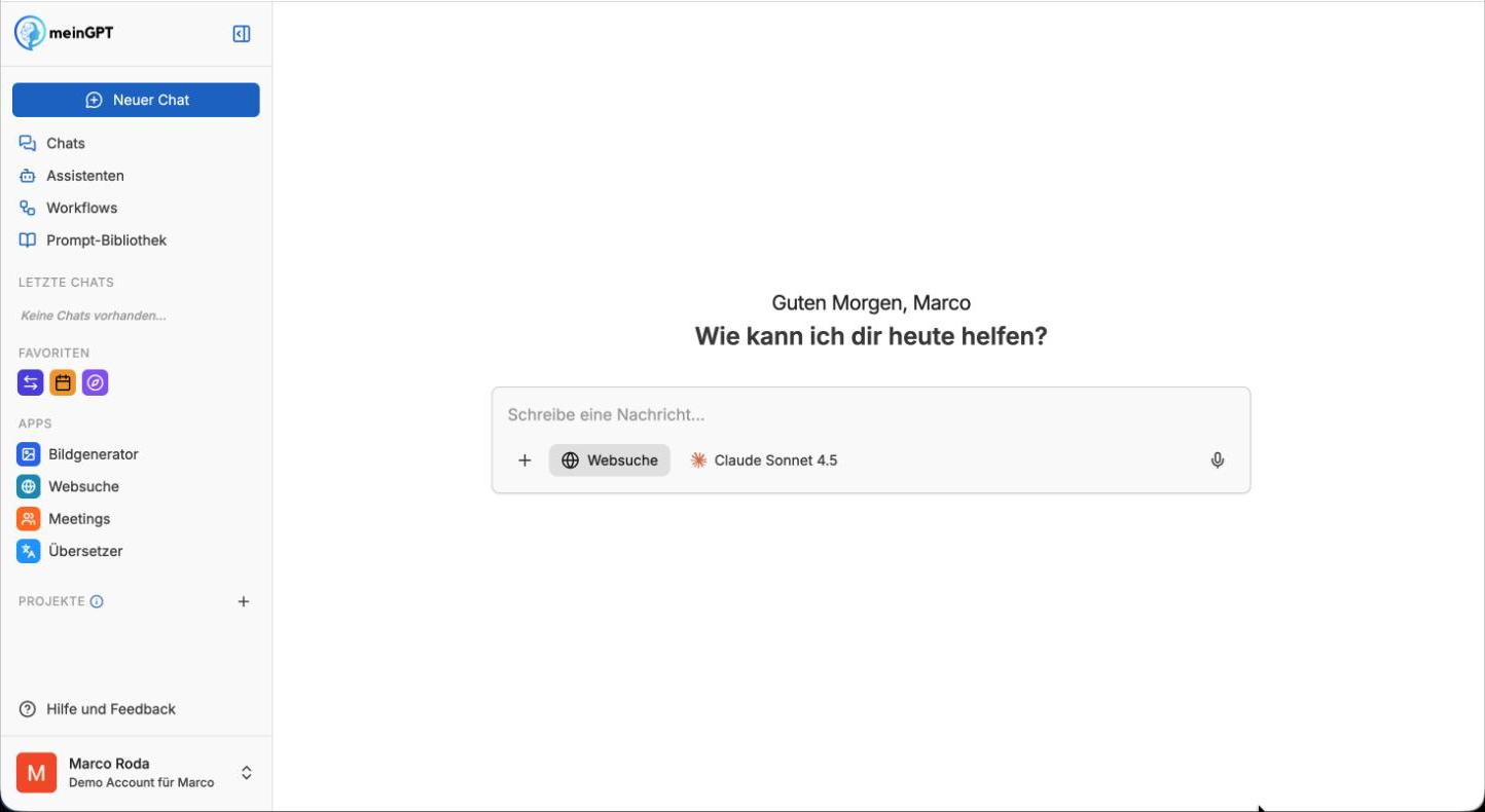 meinGPT KI-Chat: Oberfläche mit Assistenten, Workflows, Apps und Modellauswahl