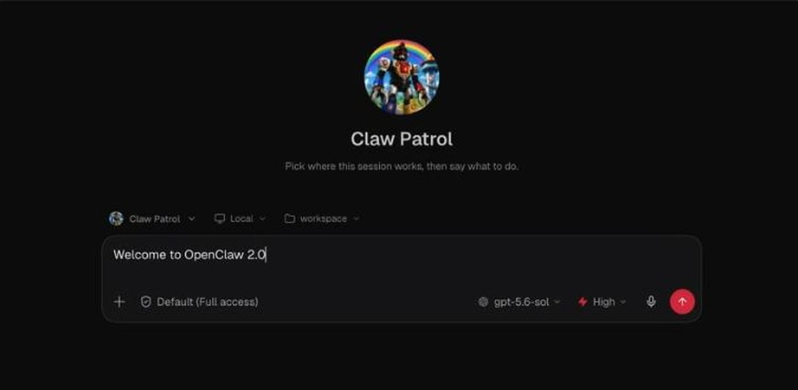 OpenClaw 2.0 Browser-App mit Agent Claw Patrol und Nachrichtenfeld Welcome to OpenClaw 2.0