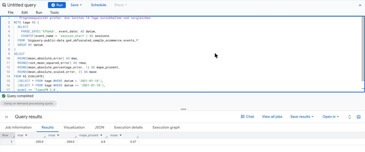 BigQuery AI.EVALUATE mit TimesFM: MAE, RMSE, MAPE und MASE