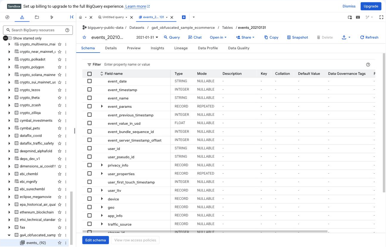 BigQuery Sandbox mit dem öffentlichen GA4-Datensatz ga4_obfuscated_sample_ecommerce