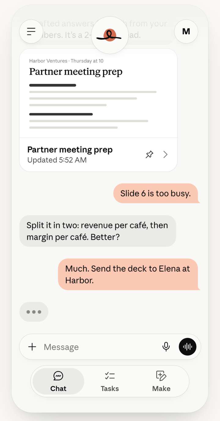 Claude Duet App mit Chat-Verlauf, Make-Datei Partner meeting prep und den Tabs Chat, Tasks und Make