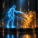 KI-Symbolbild: leuchtende Figur aus blauen Lichtfäden steht auf einem runden Sockel und bricht mit Datenströmen eine Mauer aus goldenen Bausteinen auf