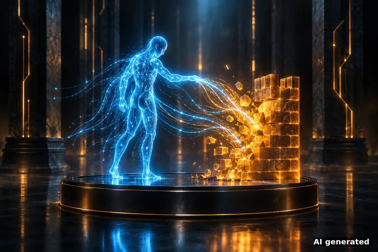 KI-Symbolbild: leuchtende Figur aus blauen Lichtfäden steht auf einem runden Sockel und bricht mit Datenströmen eine Mauer aus goldenen Bausteinen auf
