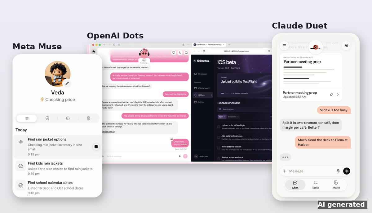 KI-Agenten Vergleich: Oberflächen von Meta Muse, OpenAI Dots und Claude Duet nebeneinander