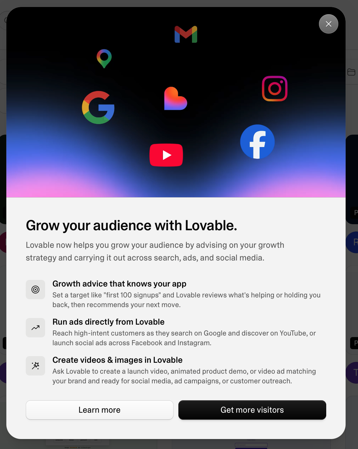 Lovable Growth Tools Dialog "Grow your audience with Lovable" mit Growth-Beratung, Ads und Creatives