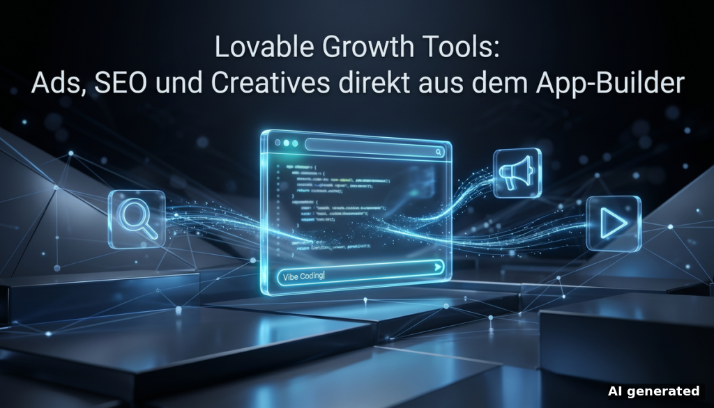 Lovable Growth Tools: Vibe-Coding-App-Fenster, verbunden mit SEO, Ads und Video-Creatives