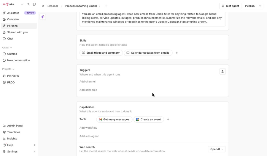 n8n Agent Capabilities mit Gmail und Google Calendar Tools