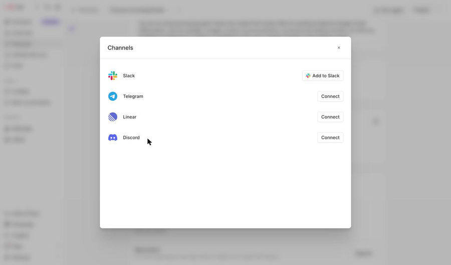 n8n Agent Channels Auswahl Slack Telegram Linear Discord
