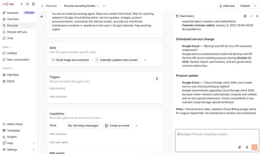 n8n Agent Test-Chat mit Zusammenfassung von Google-Cloud-Service-Updates