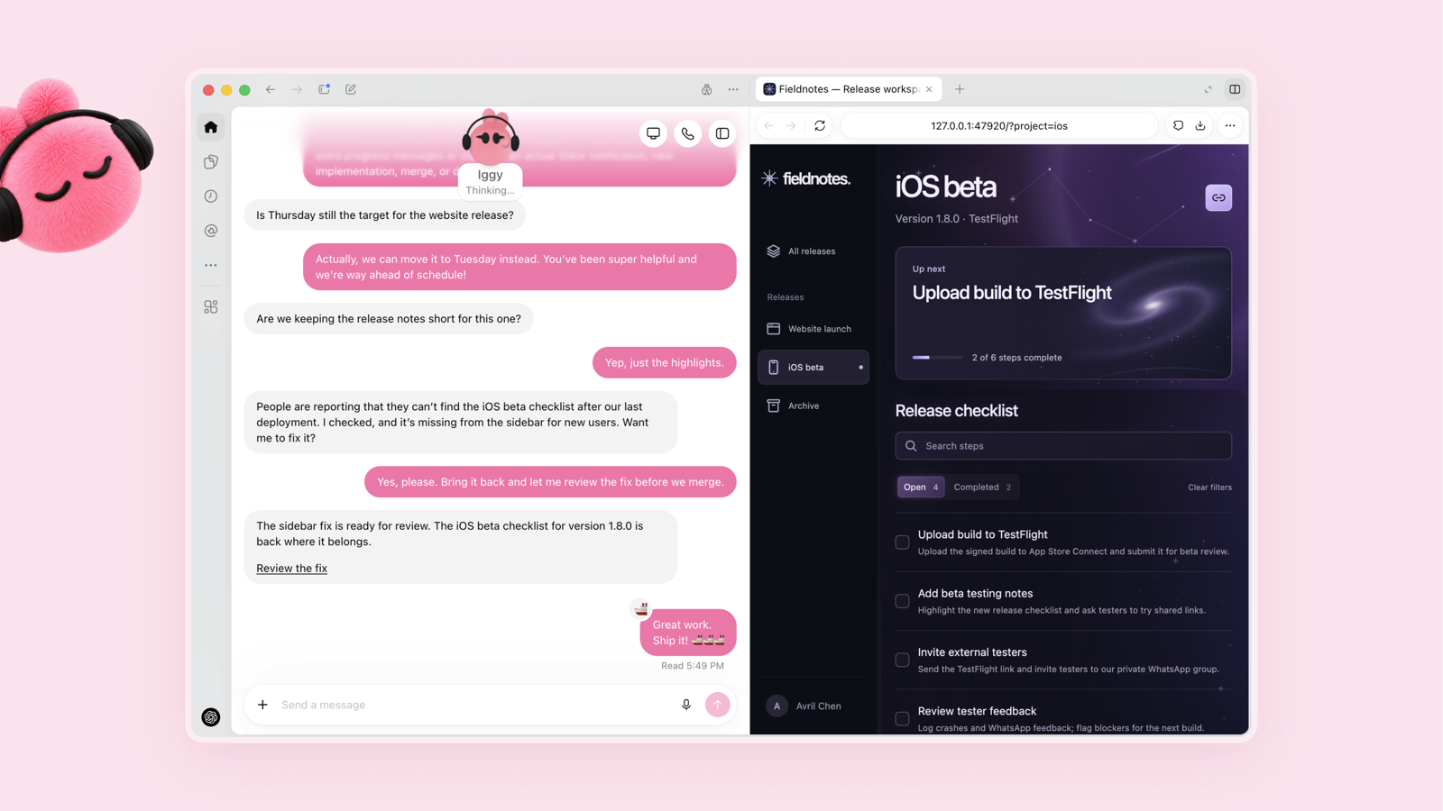 OpenAI Dots in der ChatGPT-Desktop-App: Der Dot Iggy überarbeitet eine Release-Checkliste und meldet den Fortschritt im Chat