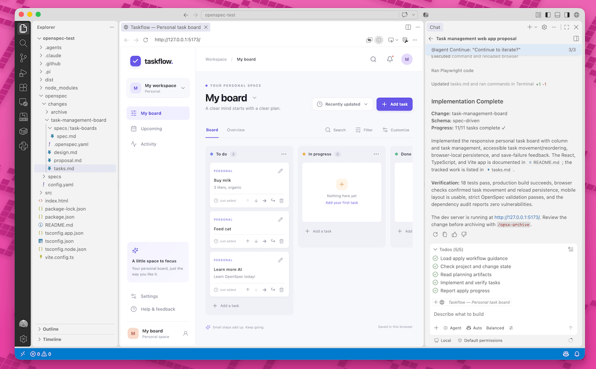 OpenSpec Implementation Complete: 11 von 11 Tasks erledigt, App läuft im Browser