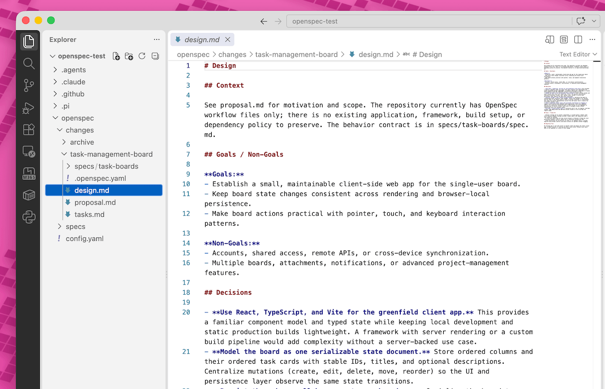 OpenSpec design.md mit Goals, Non-Goals und Technik-Entscheidungen