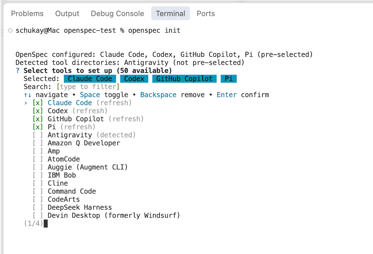 OpenSpec init: AI-Tools wie Claude Code, Codex und GitHub Copilot auswählen