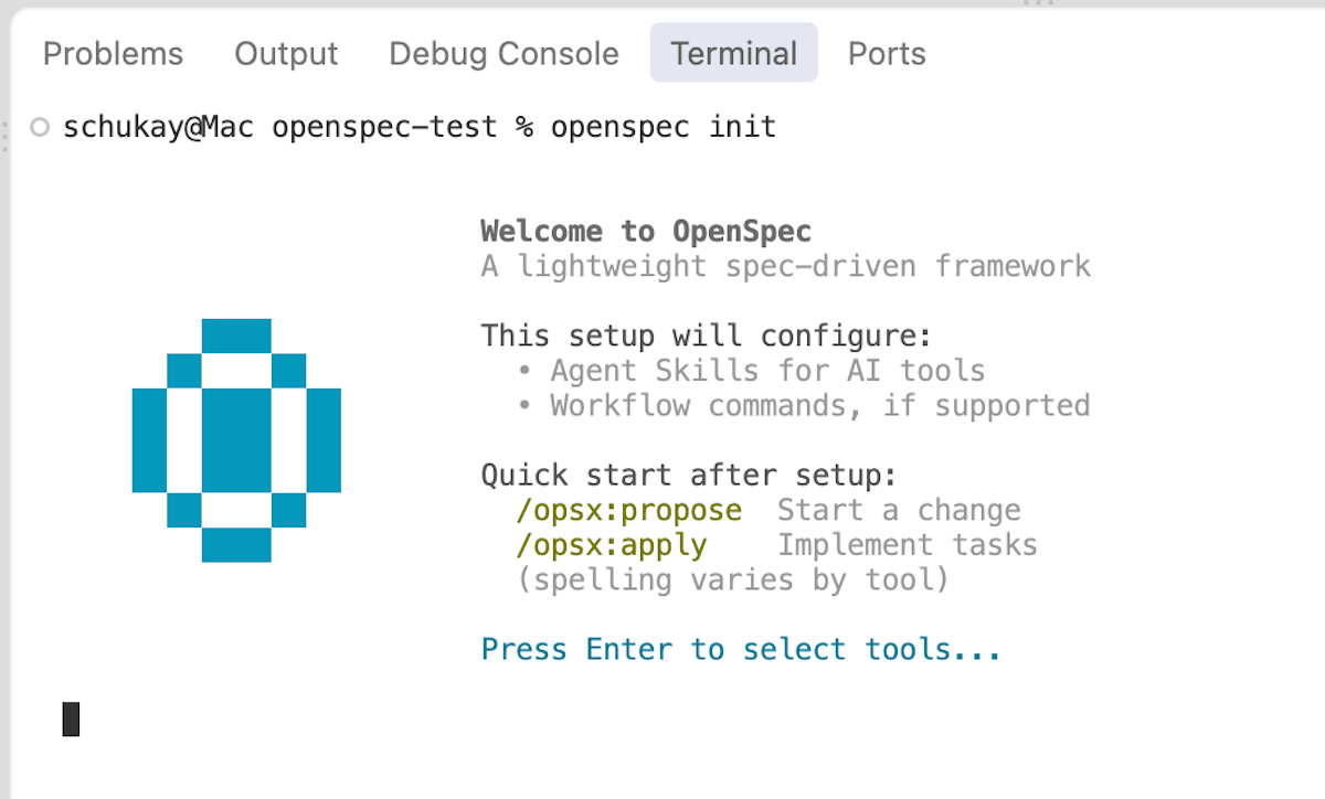 OpenSpec init im Terminal: Willkommensbildschirm