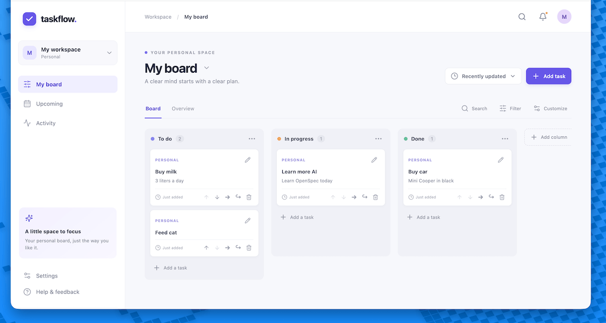 Mit OpenSpec gebaute Kanban-Web-App Taskflow