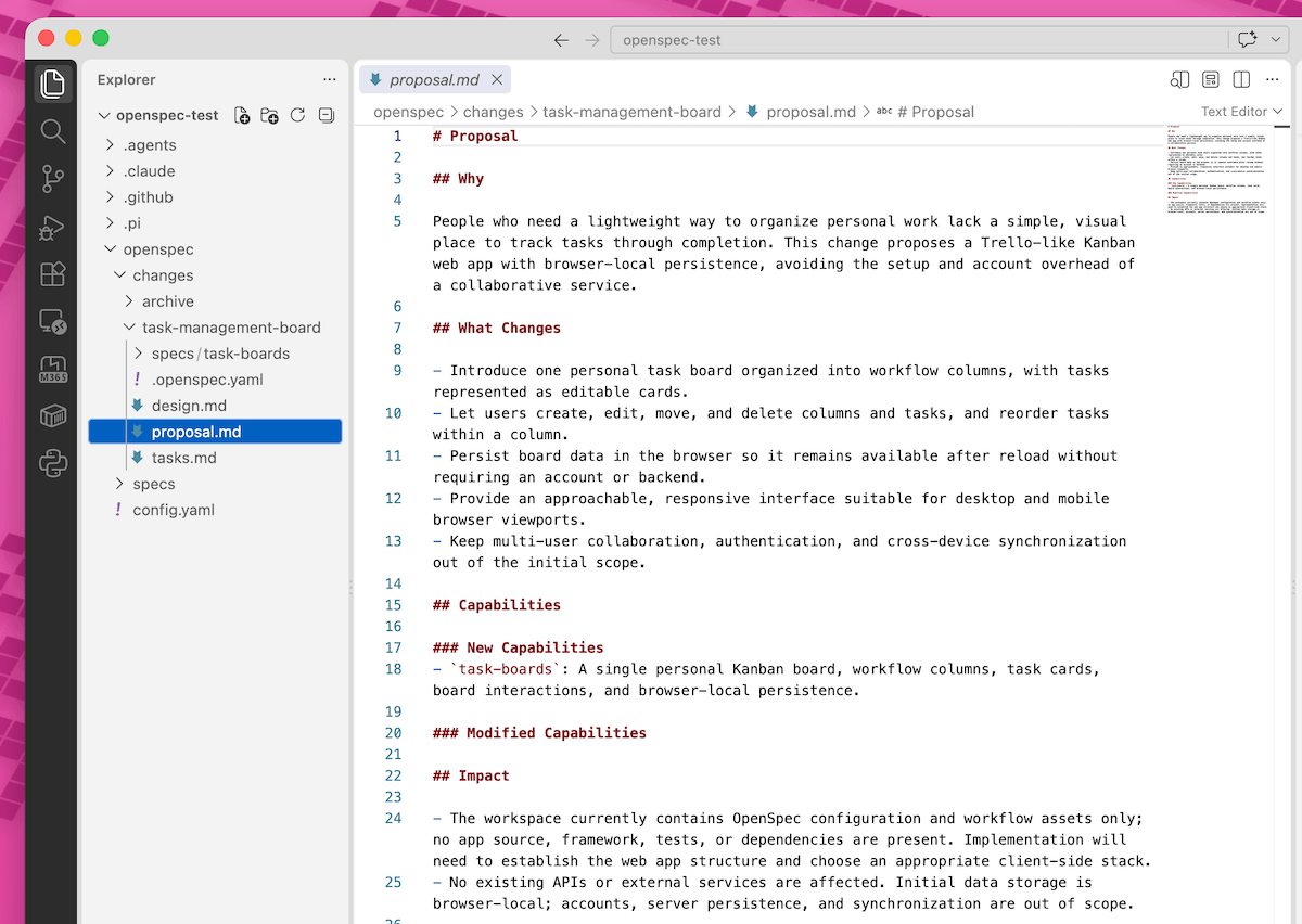 OpenSpec proposal.md Beispiel mit Why, What Changes und Capabilities