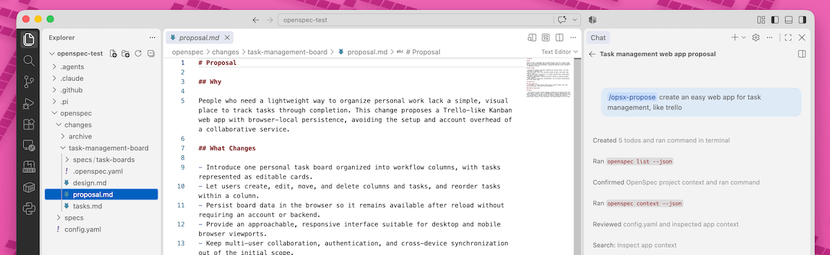 OpenSpec propose-Befehl im VS-Code-Chat mit generierter proposal.md
