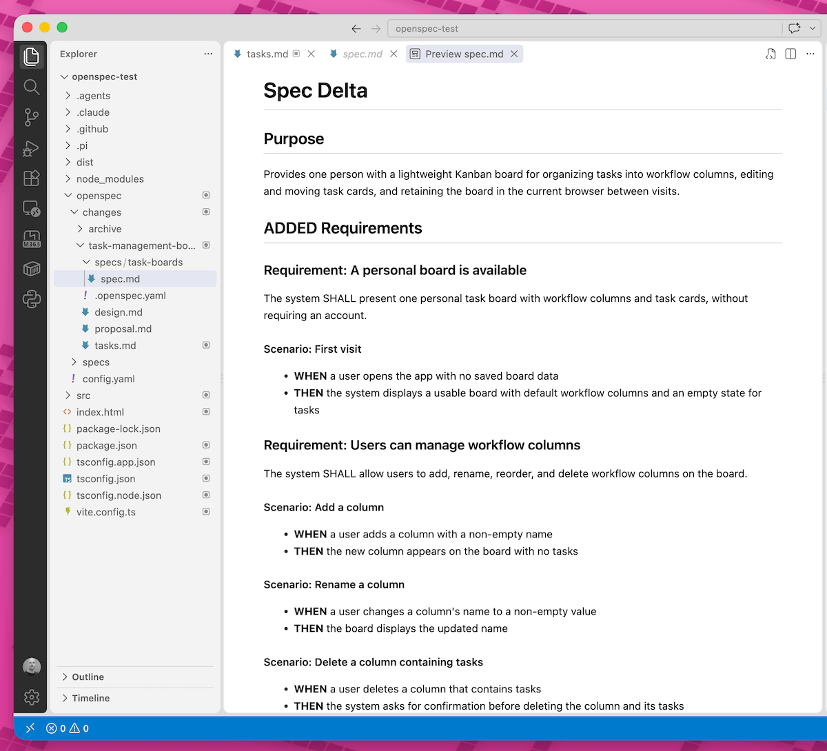 OpenSpec spec.md mit Requirements und WHEN/THEN-Szenarien